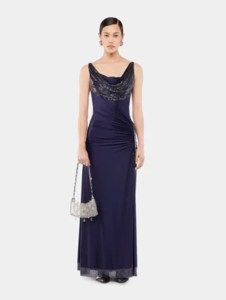 Long dress in mesh and jersey
