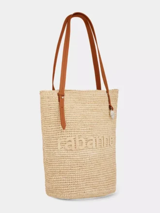 Beige raffia tote bag with logo