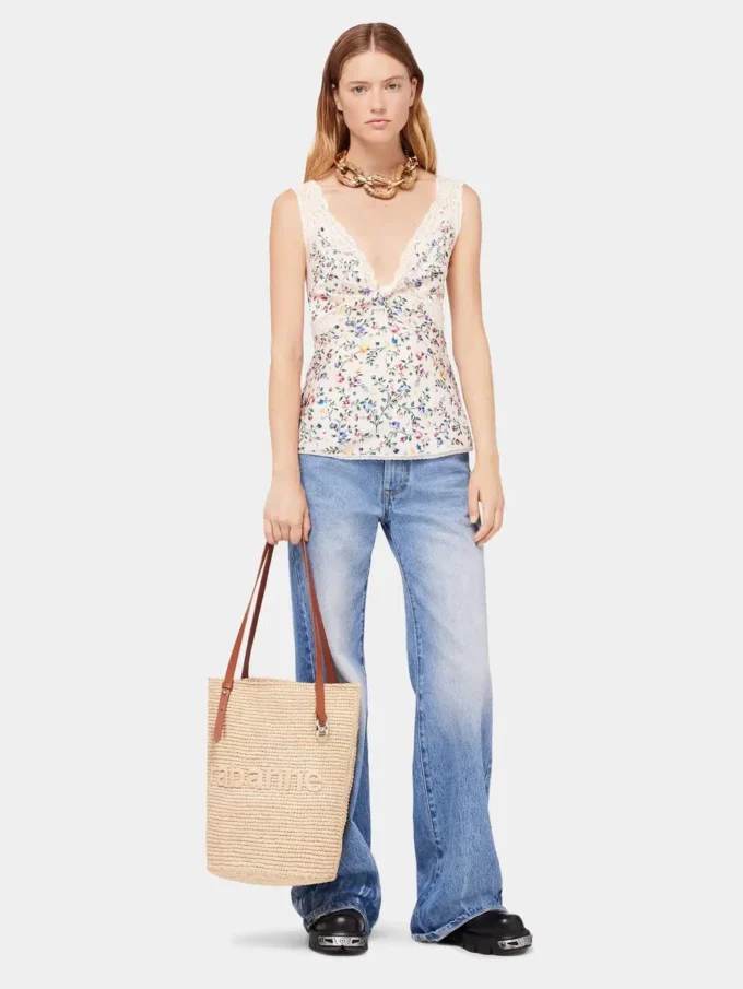 Beige raffia tote bag with logo