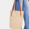 Beige raffia tote bag with logo