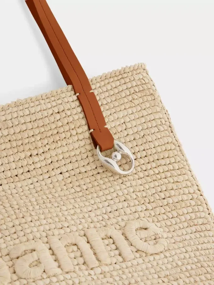 Beige raffia tote bag with logo