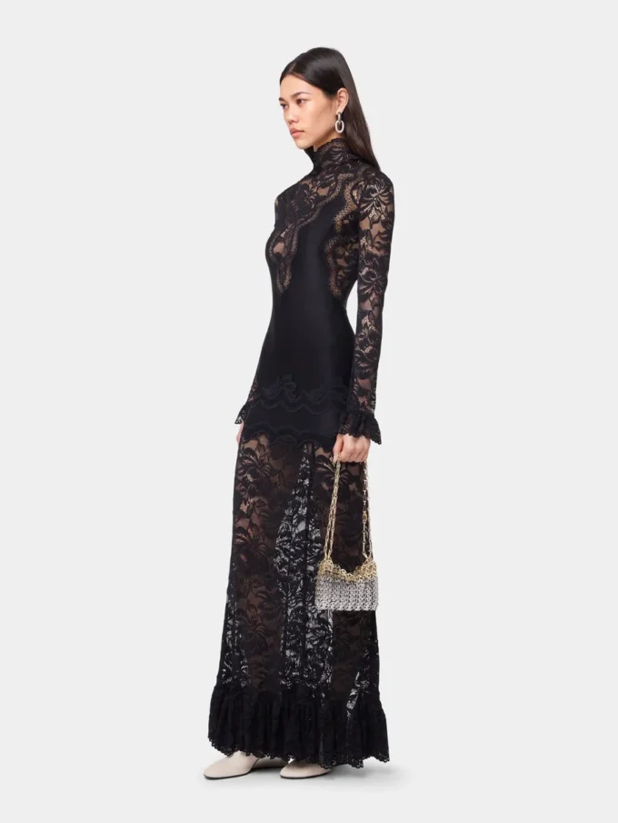 Black long dress in lace and jersey
