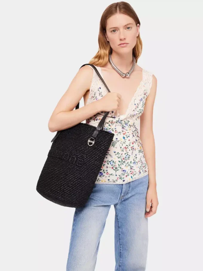 Black raffia tote bag with logo
