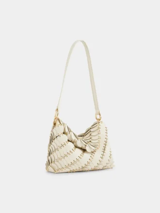 Cream Paco shoulder clutch in calfskin leather