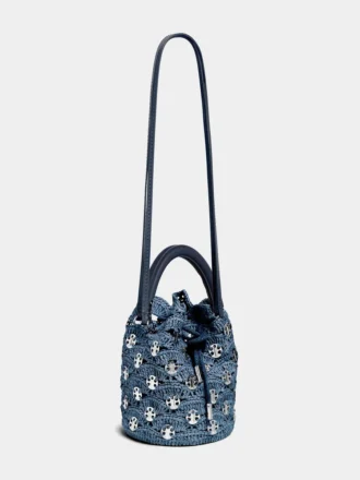 Denim blue raffia bucket bag