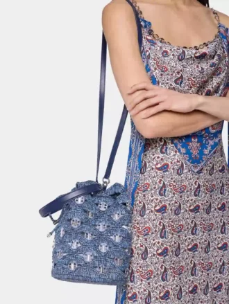 Denim blue raffia bucket bag
