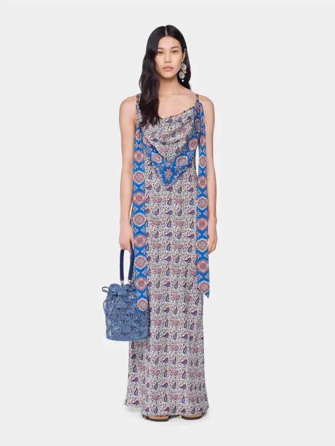 Denim blue raffia bucket bag