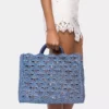Denim blue tote bag in raffia