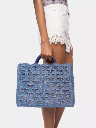 Denim blue tote bag in raffia