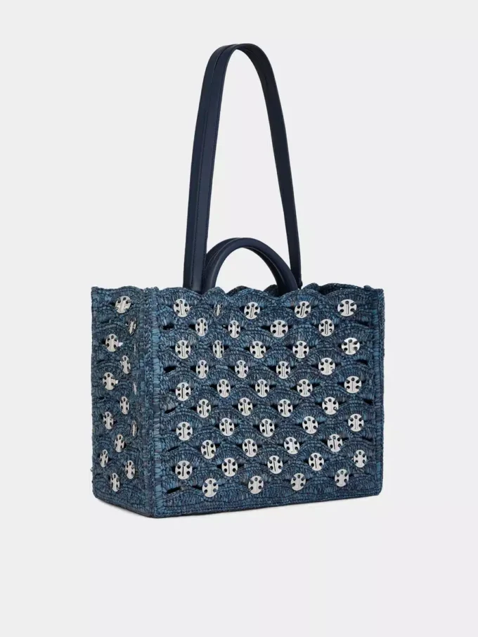 Denim blue tote bag in raffia