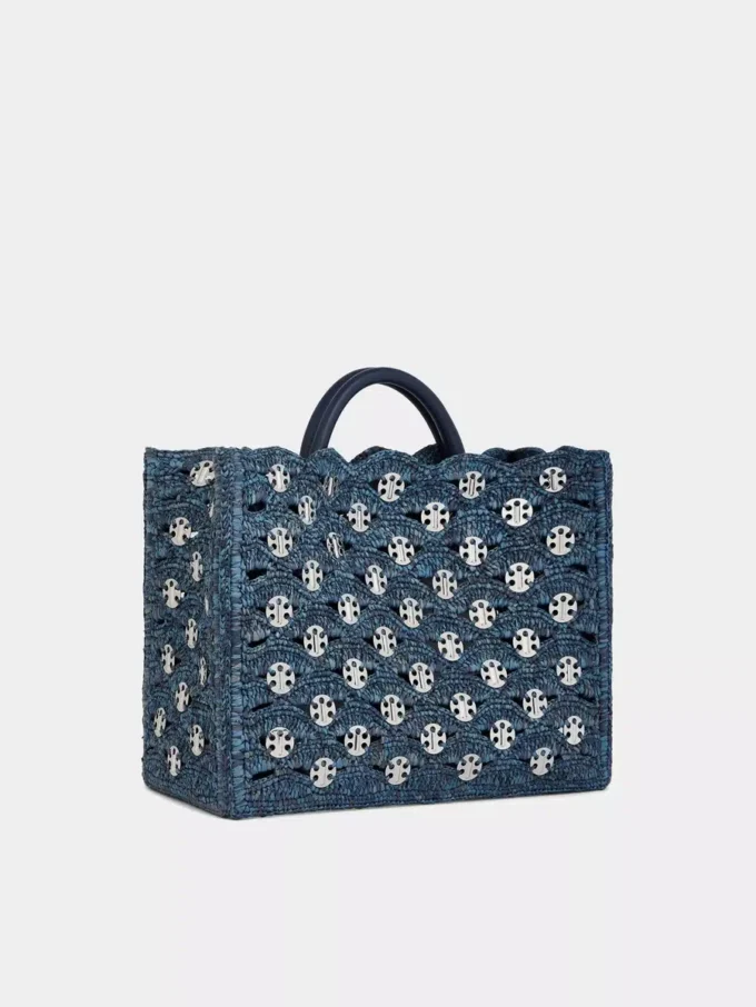 Denim blue tote bag in raffia