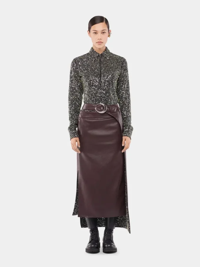Double layer midi skirt in fake leather
