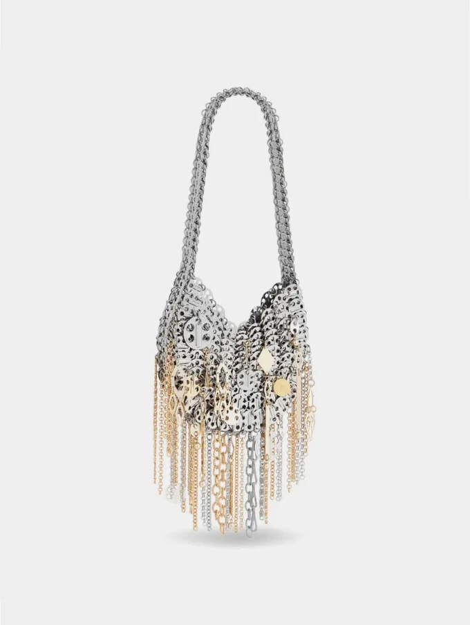 Iconic silver 1969 moon bag assembled with metallic pampilles