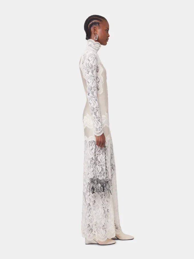 Ivory long dress in lace and jersey