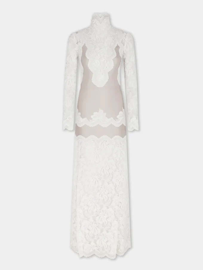 Ivory long dress in lace and jersey