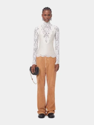 Ivory long-sleeved top in lace and jersey