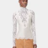 Ivory long-sleeved top in lace and jersey