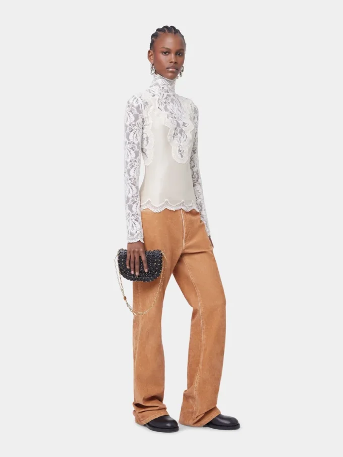 Ivory long-sleeved top in lace and jersey