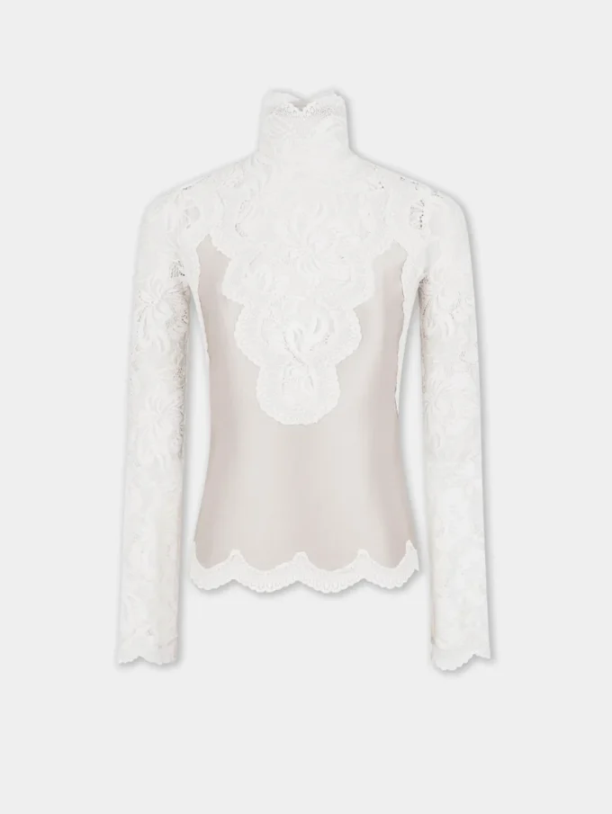 Ivory long-sleeved top in lace and jersey