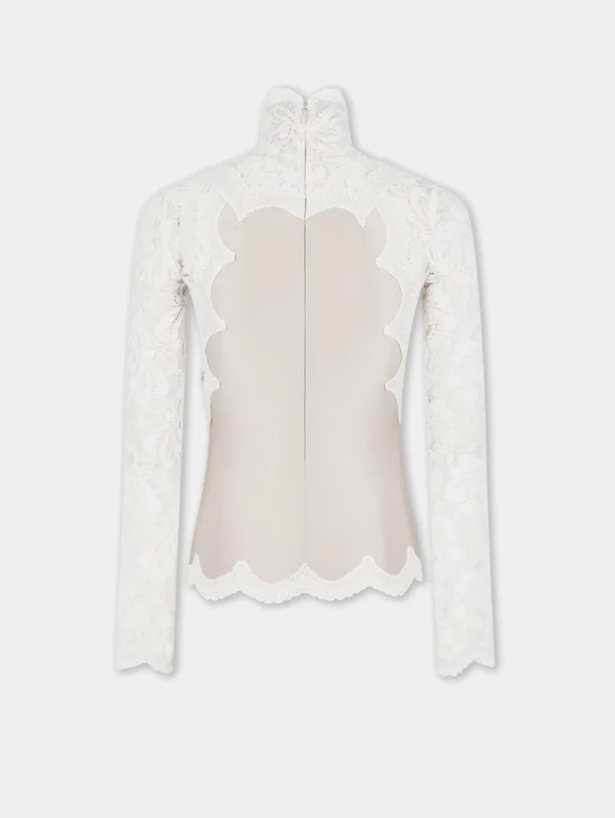 Ivory long-sleeved top in lace and jersey
