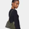 Khaki paco shoulder clutch in calfskin leather