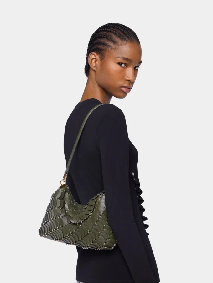Khaki paco shoulder clutch in calfskin leather