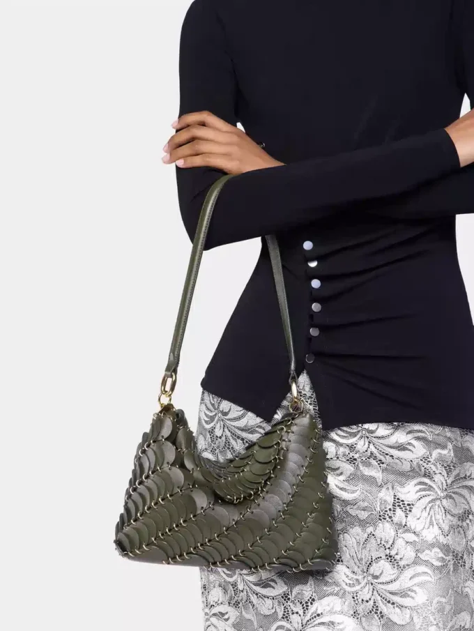 Khaki paco shoulder clutch in calfskin leather