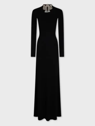 Long backless knit dress with embroideries