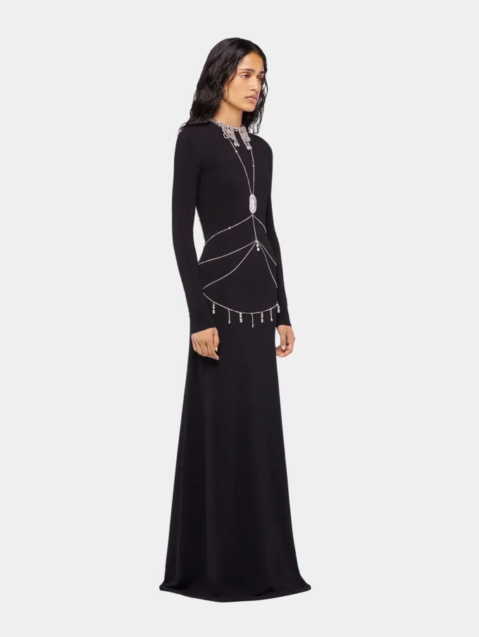 Long backless knit dress with embroideries