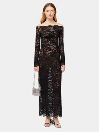 Long black lace dress with bardot collar