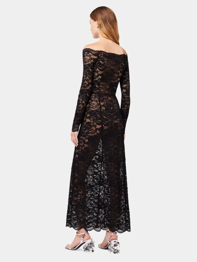 Long black lace dress with bardot collar