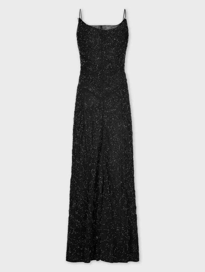 Long crepe dress with pearl embroidery