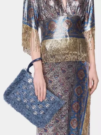 Pouch in blue denim raffia