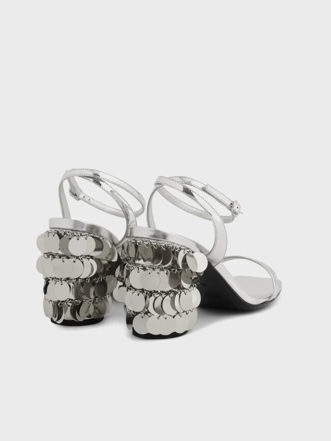 Silver sandals with Sparkle disc heels