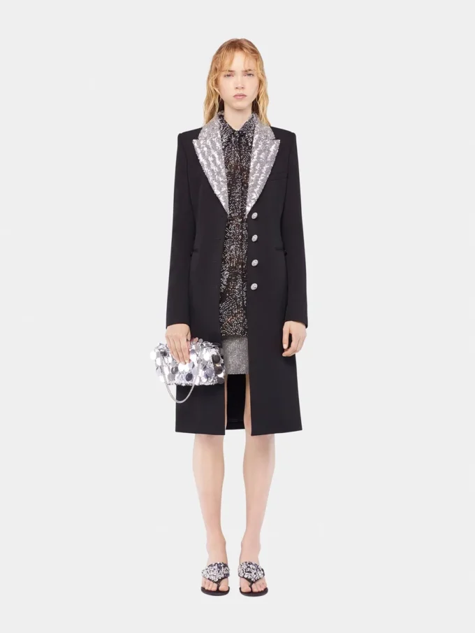 Long wool coat with sequin collar