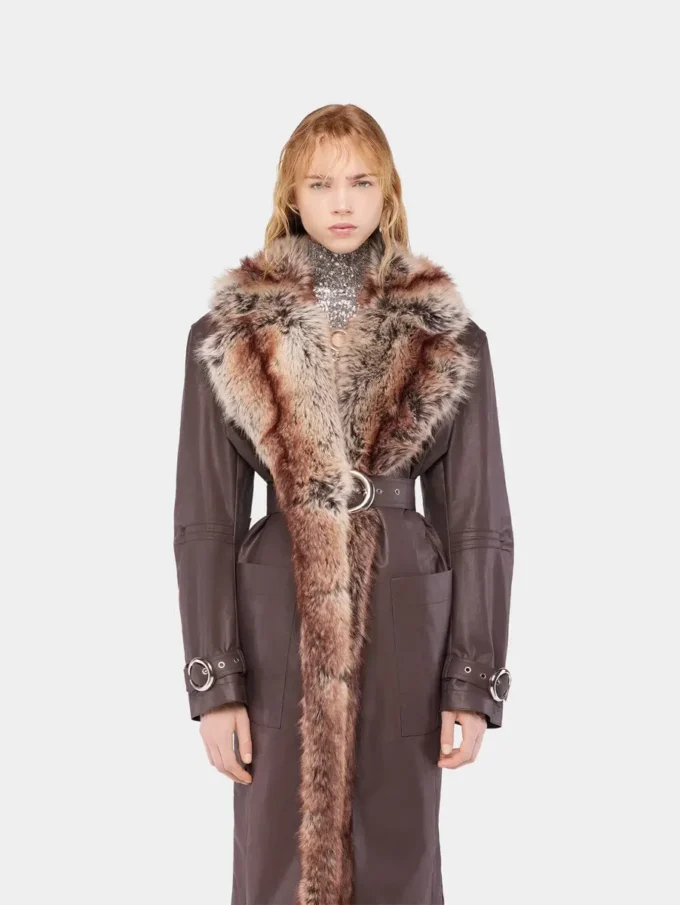 Trench coat with fake fur trims